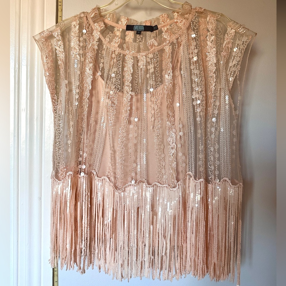 Light Pink Beaded Mesh Fringed Shirt with Camisole